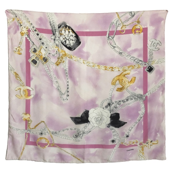 Chanel Silk Scarf Shawl Bijoux Jewelry CC Logo Pearls Pink 34in Vintage + COA - Picture 1 of 8